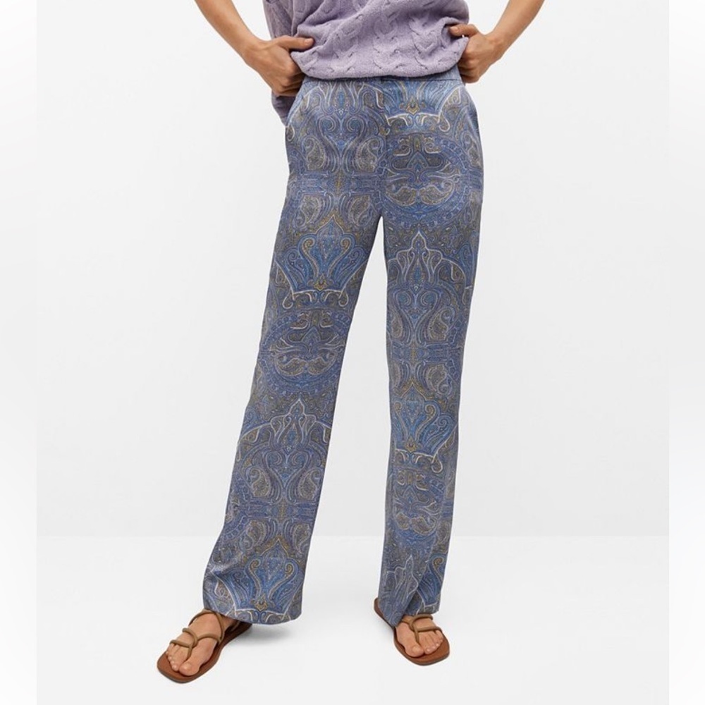 Mango Paisley Blue Printed Wide Leg Full Length Pants Size M